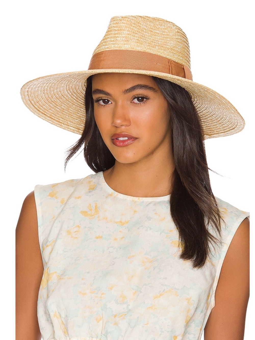 Brixton Straw Wide-Brim Fedora Hat with Camel Colored Band - Size M